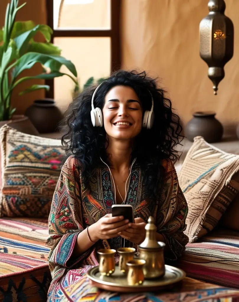 Femme marocaine écoutant la radio avec son smartphone