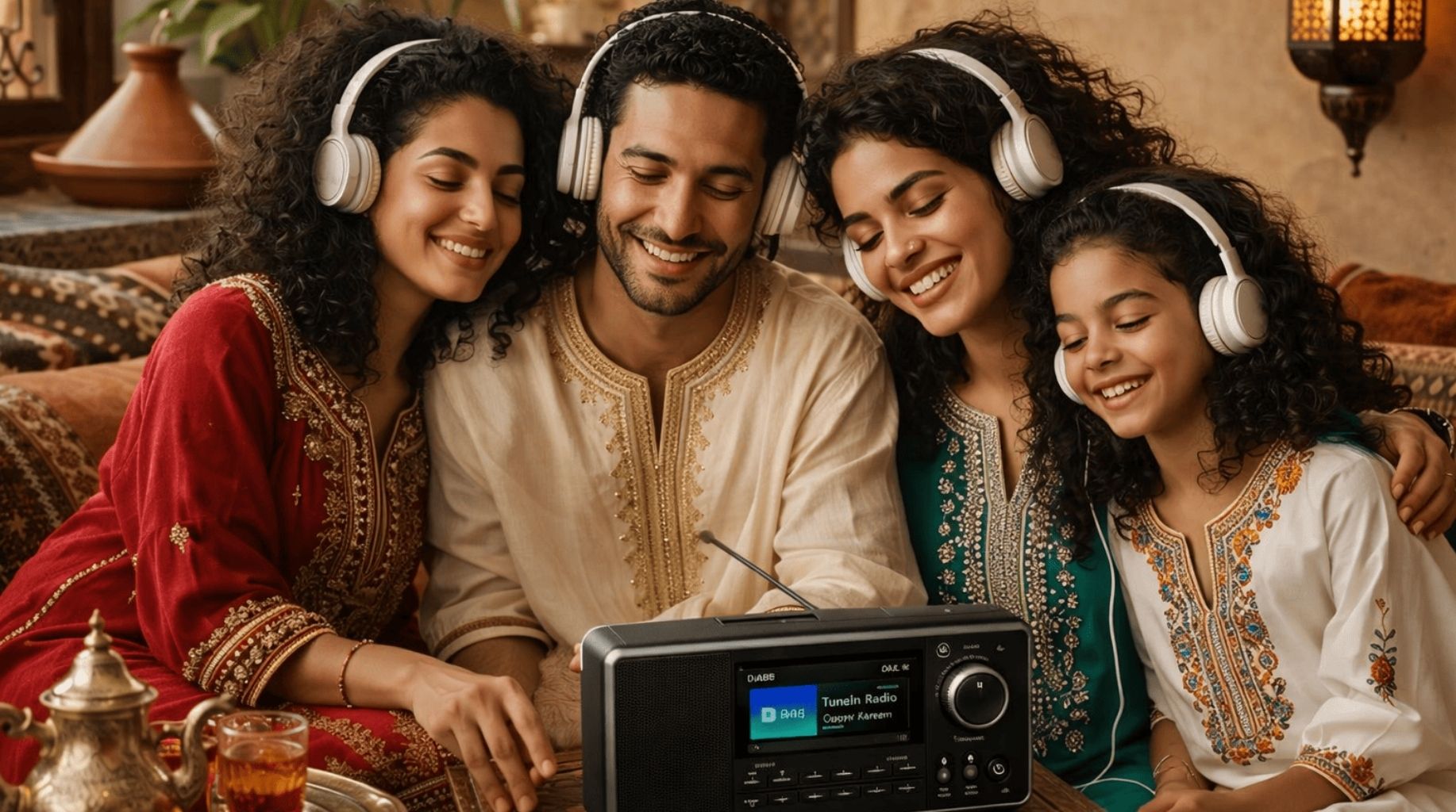 Famille marocaine écoutant la radio ensemble